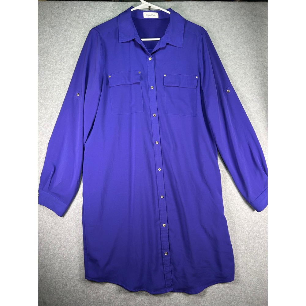 Calvin Klein Women L Shirt Dress Royal Purple Blue Gold Button Roll Tab Sleeve L